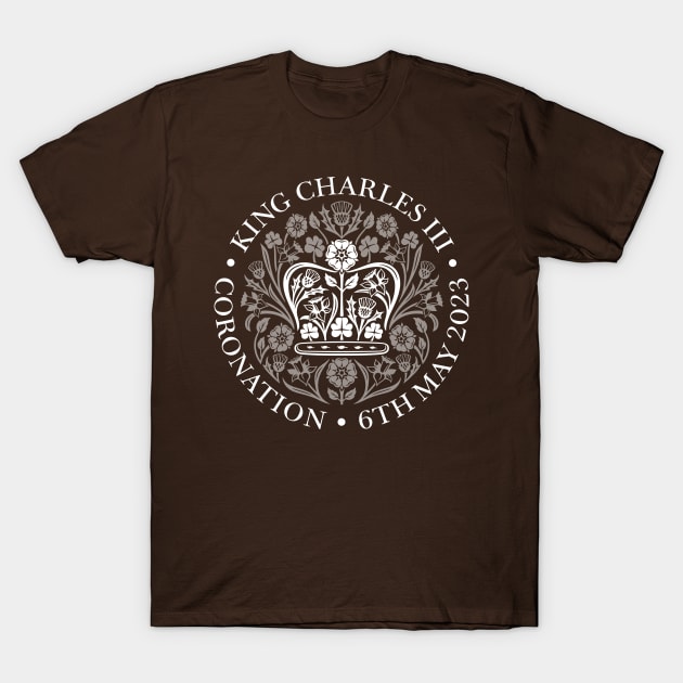 King Charles III Official Coronation Emblem white on black T-Shirt by NattyDesigns